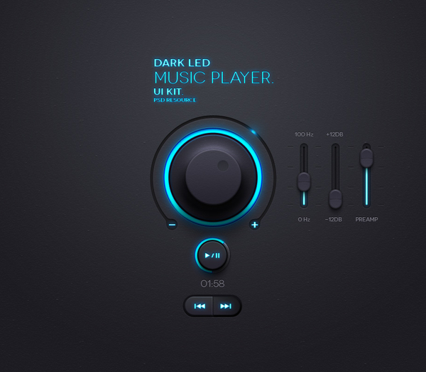 Dark Led Music App UI Kit Psd