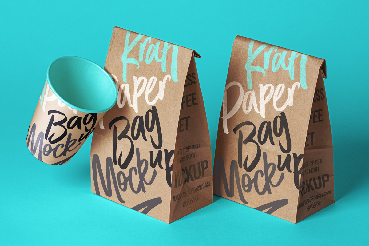 Free Coffee Cups and Kraft Bag Mockup