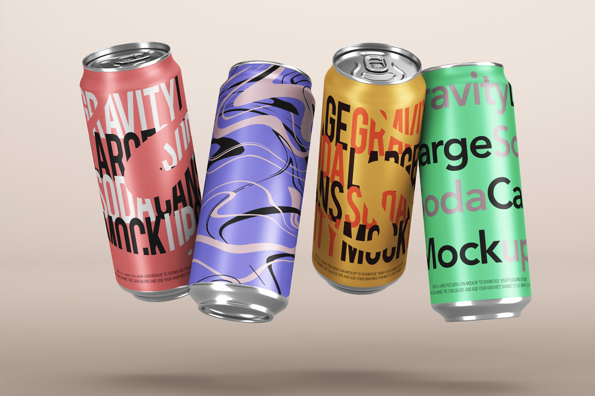 Download Gravity Psd Soda Can Mockup Set | Psd Mock Up Templates | Pixeden